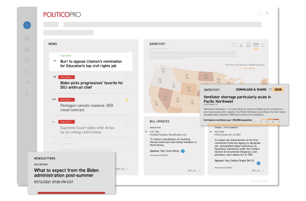 POLITICO Pro screen showing news, Datapoints, bill updates, and newsletters