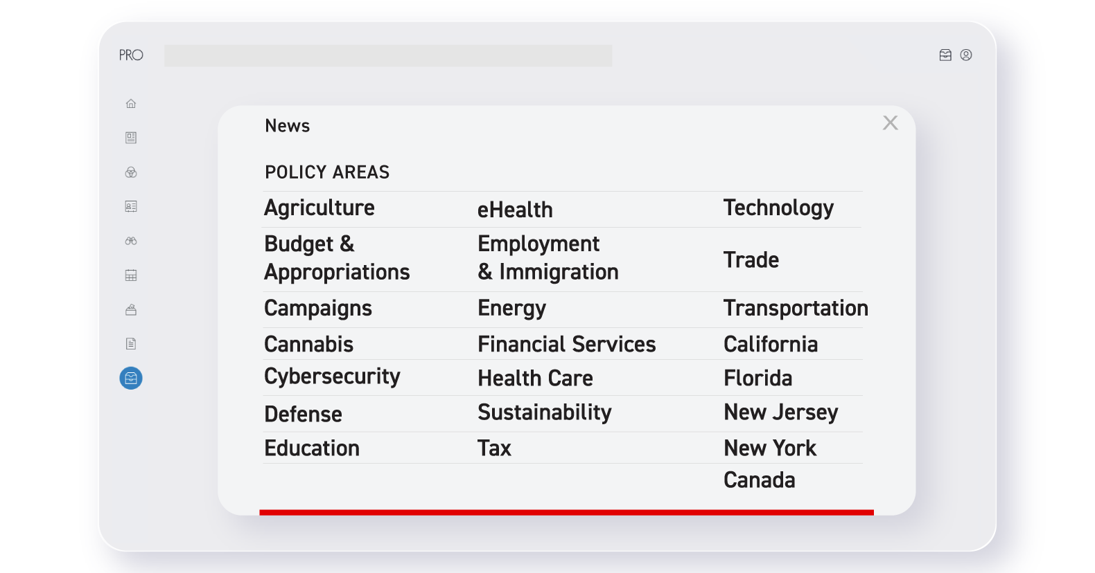 POLITICO Pro platform with all 22 policy areas listed